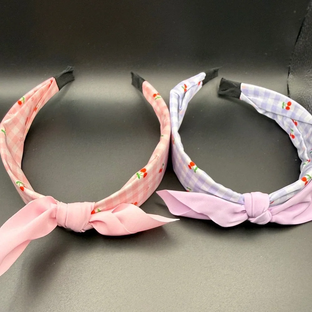 Cute Cherry Gingham‎ Headband Set Pink Purple Knot Bow Hair Accessory